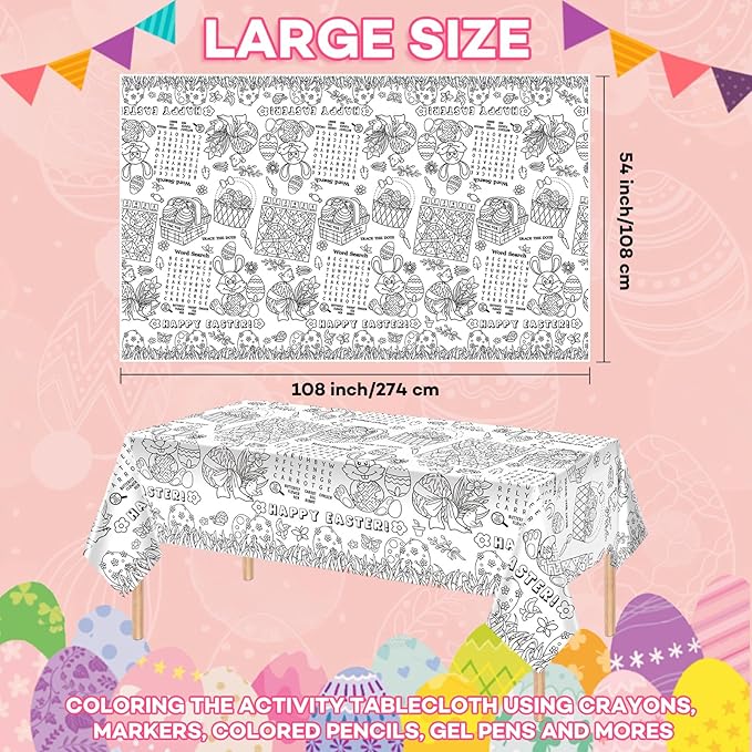 3 Pack Large Happy Easter Coloring Tablecloth - Giant Easter Color-in Paper Poster, Rectangle Cute Bunny Activity Coloring Table Cloth for Spring Easters Party Craft Decorations Favors, 54 x 108 Inch