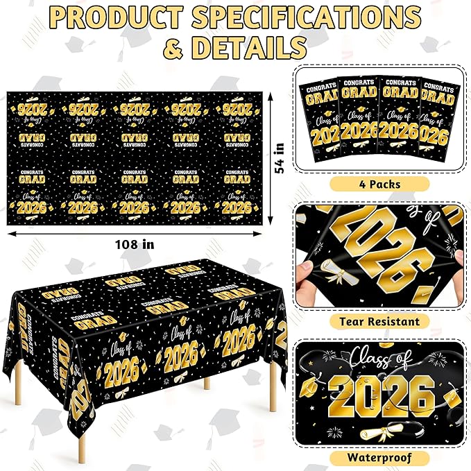 QZYL 4 Pack Graduation Decorations, 54" x 108" Black and Gold Rectangle Graduation Table Cloths, Plastic Tablecloth for College Congrats Grad, Disposable Grad Party Decorations for Class of 2026