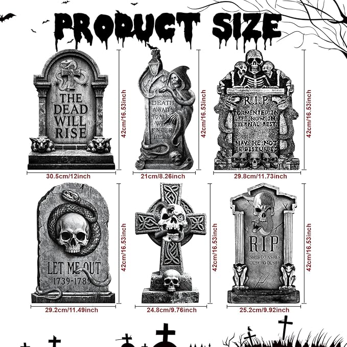 Spooky Outdoor Halloween Tombstones Decor, Large Graveyard Ghost, Snake, Skeletons, 6pcs 11.5“x16.53 Waterproof Scary Gravestones for Home, Party, Cemetery Halloween Decor