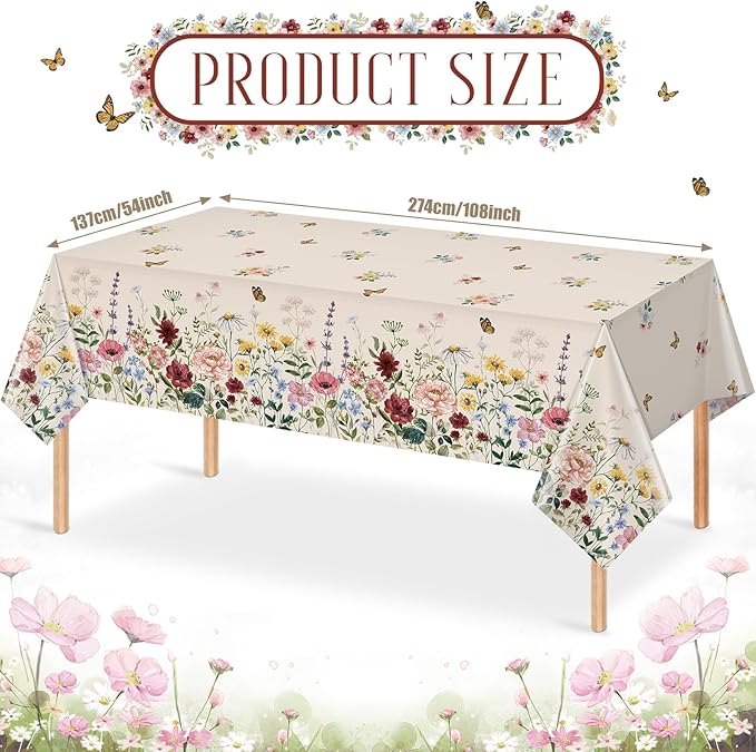 6 Pcs Spring Floral Tablecloth, Butterfly Wildflower Plastic Disposable Tablecloth Rectangle Table Covers for Easter, Birthday, Wedding, Mothers Day Tea Party Supplies and Decorations,54 x 108 Inch
