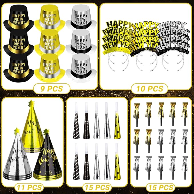 60PCS New Years Eve Party Favors, 30 People New Years Party Hats, Happy Eve Accessories Gold Silver Black, Cardboard Cone Hat Top Party Horn Blowers Tiara Supplies Decorations