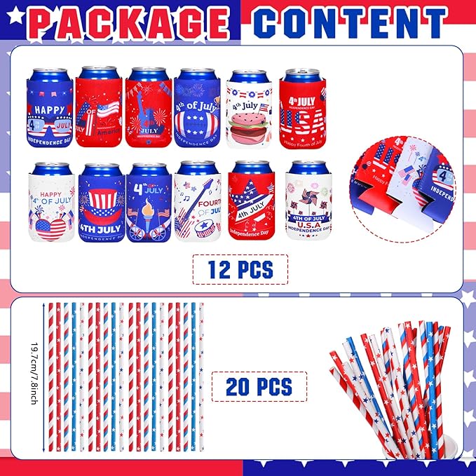 4th of July Decoration Can Cooler Sleeves, 12 Pcs Independence Day Can Party Supplies USA Flag Insulated Collapsible 4th of July Cooler Sleeves for Patriotic Memorial Day (A)