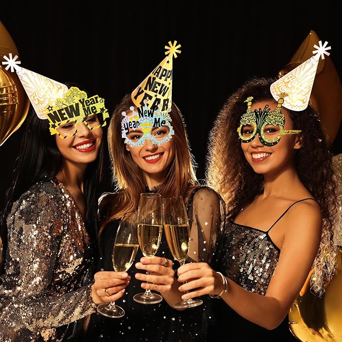 HOWAF 36 Pcs New Year Eve Party Supplies 2026, New Years Hats Headband Cone Hats Glitter Paper Eyeglasses Noise Makers White Gold New Years Decorations 2026 for NYE Party Favor Accessories