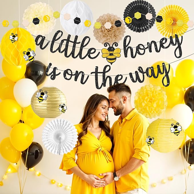 Kriyokiaa Bee Baby Shower Decorations 15 Pcs Honey Bee Baby Shower Decorations with A Little Honey is On The Way Banner, Paper Lantern Fans, Pom Poms, Honeycomb Ball for Bumblebee Party Decor
