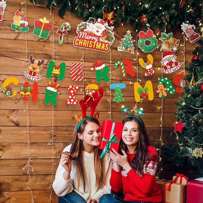 Merry Christmas Banner 3 Set, Hanging Christmas Garland Decorations with Colorful Xmas Tree Banner, Needles and Ribbons for Xmas Party Home Office Decorations Celebration Supplies
