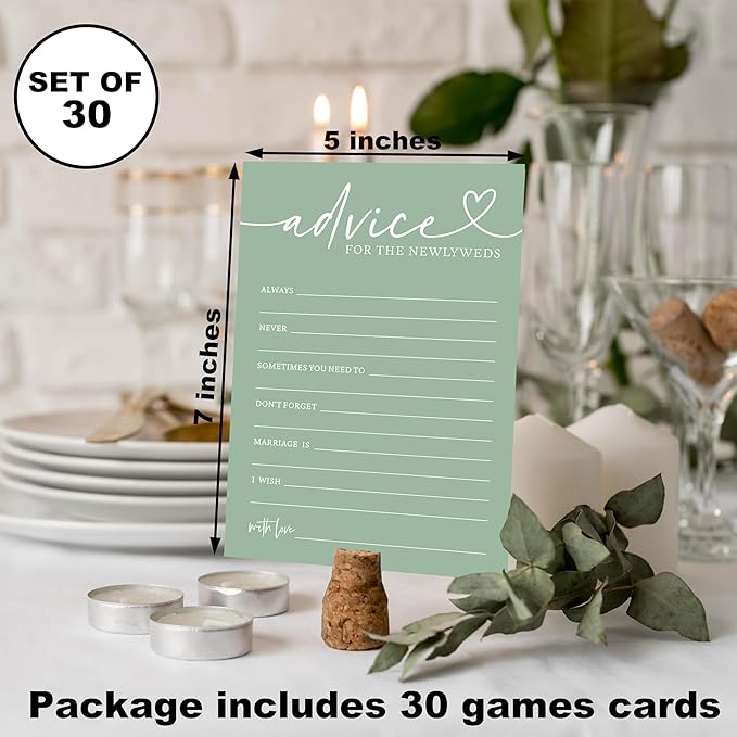 Bridal Advice Cards, Sea Green Bridal Shower Games, 30 Elegant Wedding Game for Bachelorette Engagement Party Reception Supplies - A01