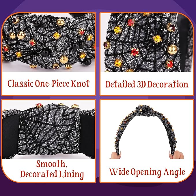 Halloween Headbands for Women, Spider Web Black Pearl Rhinestone Wide Jeweled Knotted Headband, Crystal Beaded Jeweled Top Knot Embellished Headband Hair Accessories Halloween Birthday Gift