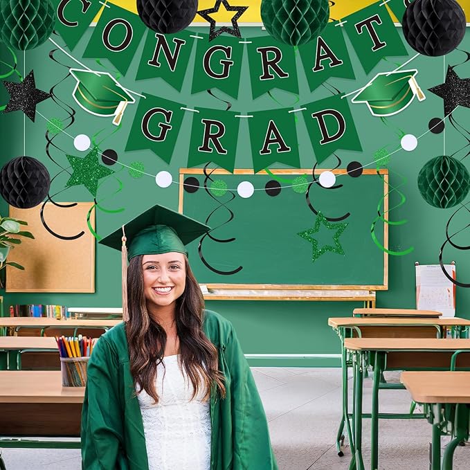 Green and Black Congrats Grad Banner 2026 Graduation Decorations with Hanging Swirl Honeycomb Ball Circle Garland Grad Party Favor Supplies for College Senior High School Classroom Decor