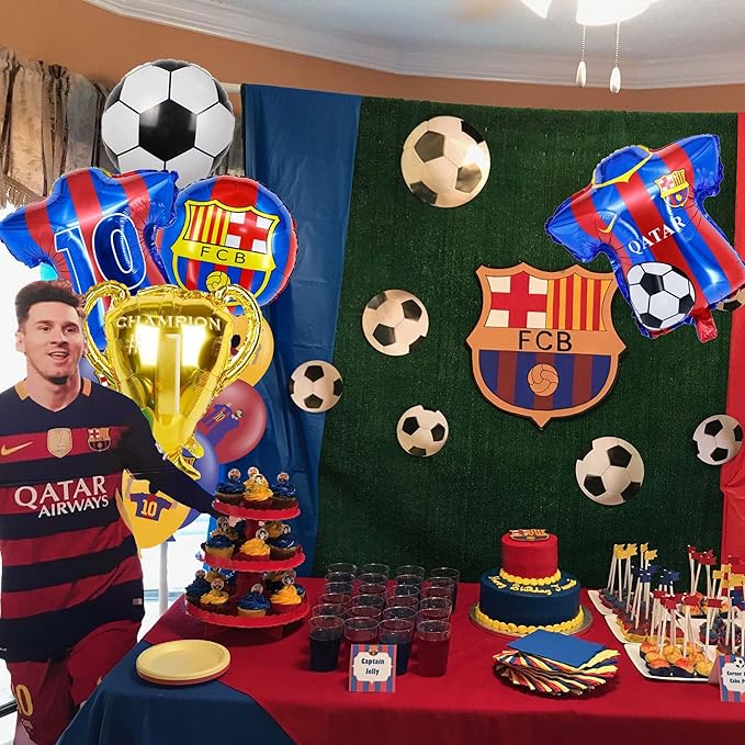 Soccer Theme Birthday Party Decorations Include 12pcs Latex Balloon, 5pcs Foil Balloons, Barcelona Theme Balloons for Party Favors, Messi Birthday Party Supplies