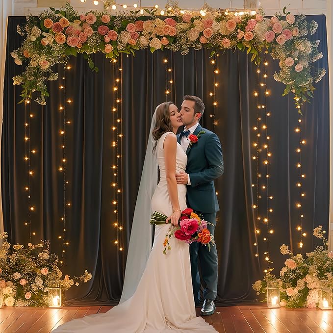 20x10FT Black Backdrop Curtains with Lights for Parties,Wrinkle Free Wedding Photo Backdrop Curtains for Baby Shower Birthday Ceremony Reception Home Party Decorations-5ft x 10ft,4 Panels