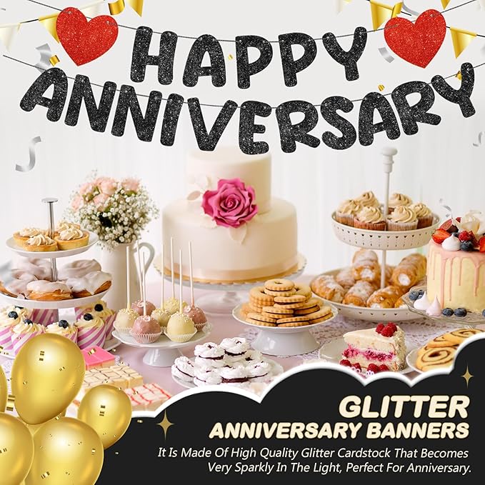 Fulmoon Happy Anniversary Banner Glitter Happy Anniversary Decorations Wedding Party Banner Romantic Decorations No DIY Pre-strung for Wedding Party Birthday Door(Black)