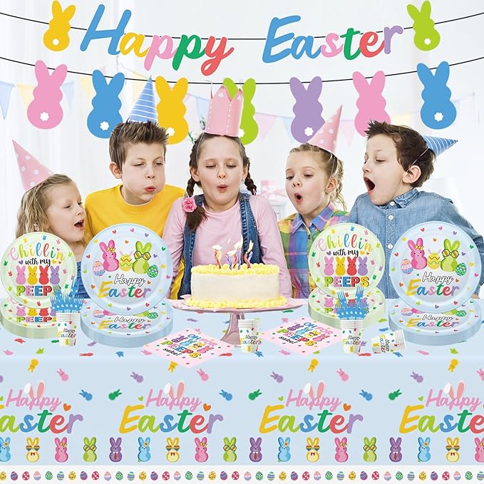 124pcs Easter Party Decorations Set Include Happy Easter Banner Chillin with My Peeps Paper Plates and Napkins,Paper Cups,Plastic Tablecloth and Forks,Hanging Swirls, for 20 Guests