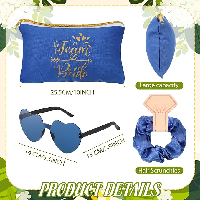 Sweetude 27 Pcs Bridesmaid Proposal Gift Bride Cosmetic Makeup Bags Bridal Hair Scrunchies Ties Heart Shape Sunglasses for Wedding Bachelorette Party Favor(Blue, White)