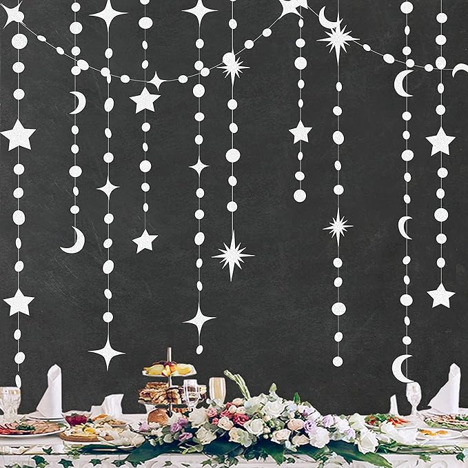 White Star Moon Circle Dot Garland Party Decoration Hanging Crescent Twinkle Little Star Streamer Bunting Banner for Wedding Engagement Anniversary Bridal Shower Kids Birthday Baby Shower Decor