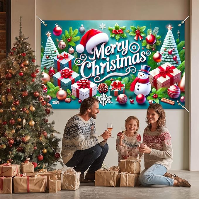 Christmas Banner Merry Christmas Snowman Gift Tree Backdrop Green Red White Holiday Wall Decoration Party Photo Prop Indoor Outdoor Scene for Home Office 71 X 43 Inches