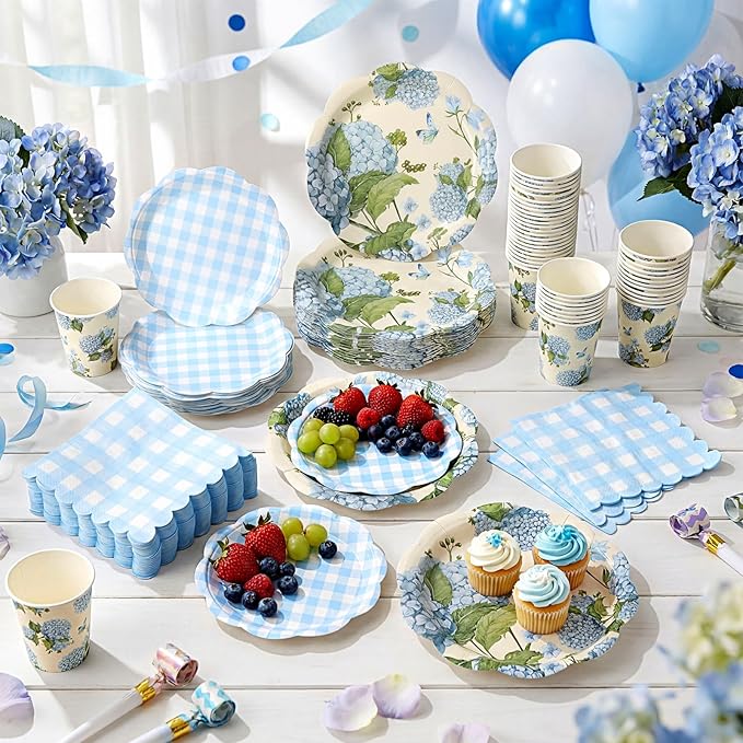Pickmesh 250 Pcs Blue Hydrangea Party Supplies Blue Floral Gingham Checkered Paper Plates Napkins and Cups Hydrangea Disposable Tableware Set for Summer Wedding Birthday Tea Party Decorations Serve 50