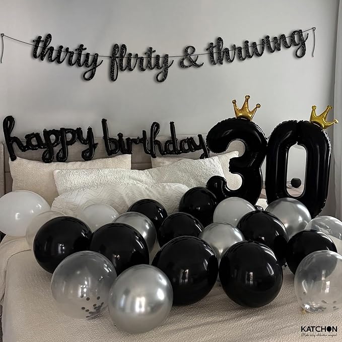 KatchOn, Glitter Thirty Flirty & Thriving Banner - 10 Feet | 30th Birthday Decorations for Her, Him | 30th Birthday Party Decorations for Women | Talk Thirty to Me banner, Black 30th Birthday Banner
