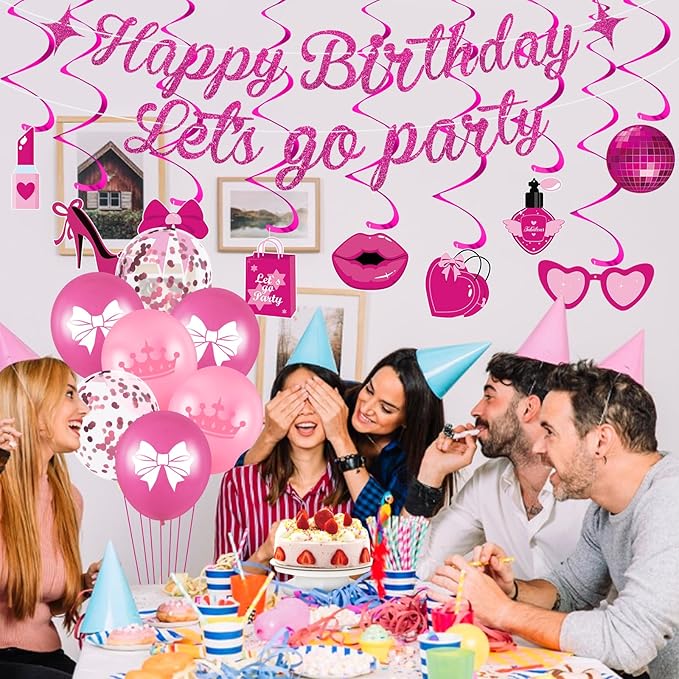 Pink Birthday Party Decorations - Happy Birthday Banner, Let's Go Party Banner, Latex Balloons, Hanging Swirls for Girls, Women, Princess, Baby Shower, Bachelorette