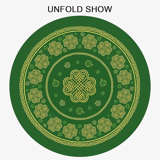 St. Patrick's Day Round Tablecloth 60 Inch Leaf Clover Pattern Circle Table Cloth Green Shamrock Table Cover Washable Polyester Indoor Decorations for Home Kitchen Dinning Party
