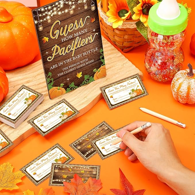 Syhood Fall Baby Shower Games Guess How Many Pacifiers Pumpkin Game Sign 50 Small Guessing Games 20 HB Pencils 750 ml Milk Bottle 400 Acrylic Pacifiers Decorations Guests Gender Reveal Party Favors
