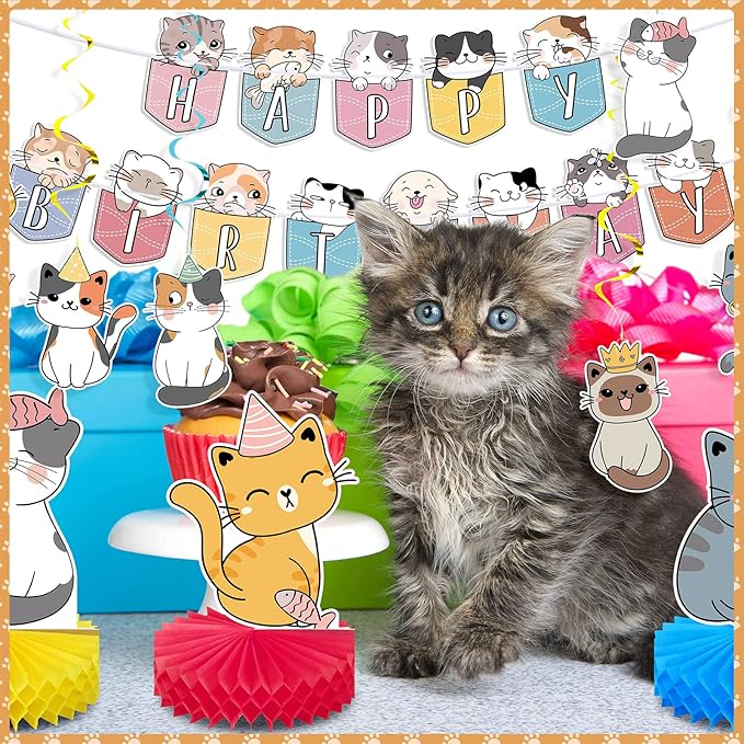 Chinco 16 Pcs Cat Theme Birthday Party Decorations Party Supplies Kit, Includes Cat Party Banner with 6 Hanging Cutouts 6 Hanging Swirl Decor and 3 Birthday Honeycomb Party Decoration(Cartoon Style)