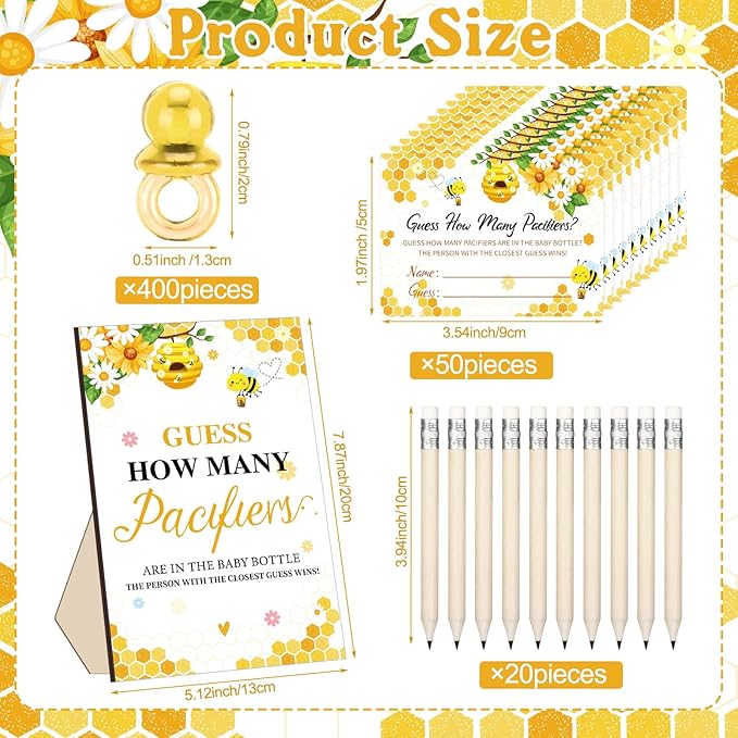 Syhood 472 Pcs Bee Baby Shower Games Guess How Many Pacifiers Game Sign 50 Small Guessing Games 20 HB Pencils 750 ml Milk Bottle 400 Acrylic Pacifiers Decorations Guests Gender Reveal Party Favor