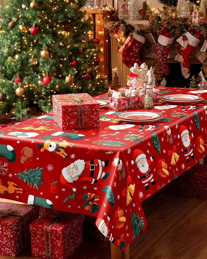Pureegg Plastic Table Cloth Disposable 6 Pack, 54 x 108 Inch Table Cloths, Christmas Decorations, Xmas Decor, Party Tablecloths, Rectangle, Holiday Plastic Cover, Waterproof, Christmas Red