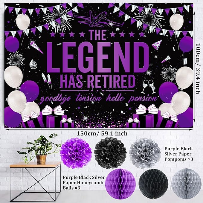 Retirement Party Decorations Women, Purple Black Happy Retirement Decorations Female, Happy RetIrement Banner, Retired Backdrop, Balloons, Pompoms, Hanging Swirls, Retired Cake Topper, 54pcs