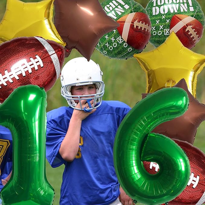 Football Birthday Decorations - 16th Birthday Balloon Rugby Gold Brown Star Touchdown Sports Theme Party Supplies - 10Pcs
