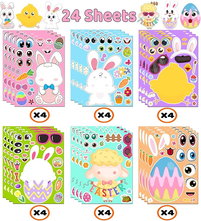 Easter Stickers - DIY Happy Easter Egg Bunny Sticker for Kids, Easter Crafts Stickers Kids Game Toys Gift Party Favor Supplies(24 Sheets)