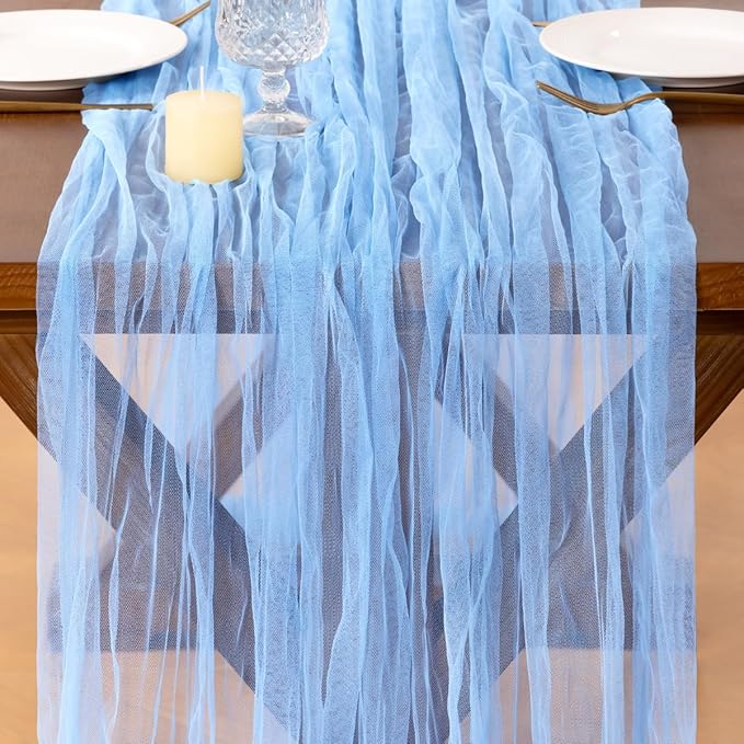 Socomi Blue Cheesecloth Table Runner Tulle Gauze Cheese clothBoho Rustic 120 inch 10FT Runner for Wedding Party Baby Shower Birthday Holiday Decorations 1pc