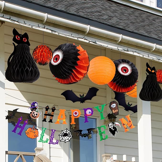 UNIQOOO Halloween Paper Lantern Decorations Set, 11 Pieces with Black Cat, Eyeball, Bat Designs and Banner, Indoor Party Props, 6"-12"