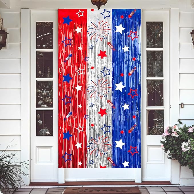 4th of July Decorations 3 Pack Foil Fringe Garland Tinsel Curtains, Red White Blue Hanging Fringe Backdrop Banner, Photo Booth Prop for Patriotic Party Decor (Streamers 3)