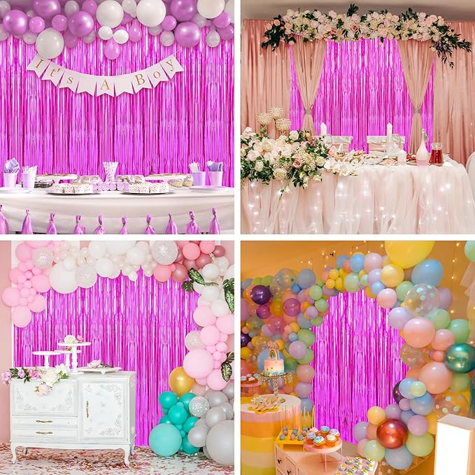 Crosize 4 Pack 3.3 x 9.9 ft Hot Pink Foil Fringe Curtains Party Decorations,Tinsel Curtain Backdrop for Parties, Door Streamers, Glitter Streamer Backdrop for Birthday Decoration