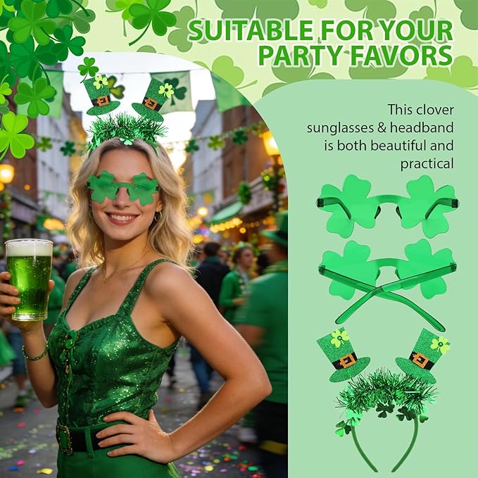 Semato St. Patrick’s Day Headband with Green Clover Sunglasses for St. Patrick’s Day Accessories Shamrock Irish Carnival Party Favors