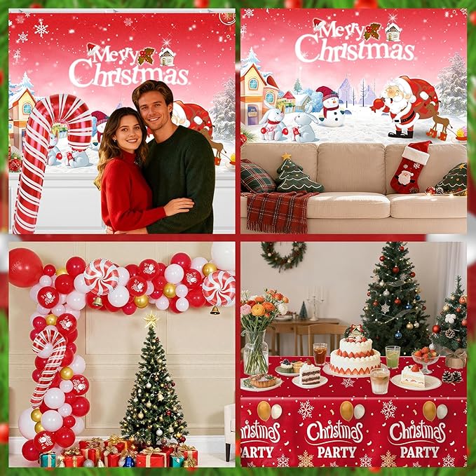 Christmas Party Decorations Set, Red White Gold Christmas Balloon Garland Arch with Candy Cane Foil Balloons, Merry Christma Backdrop Banner Tablecloths for Xmas Party Decorations Supplies