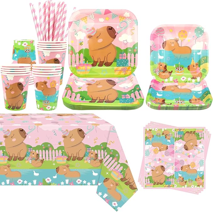 Pink Capybara Party Decoration - Capybara Birthday Party Tableware Supplies Includes Plates, Cups, Napkins, Tablecloth, Straws (20)