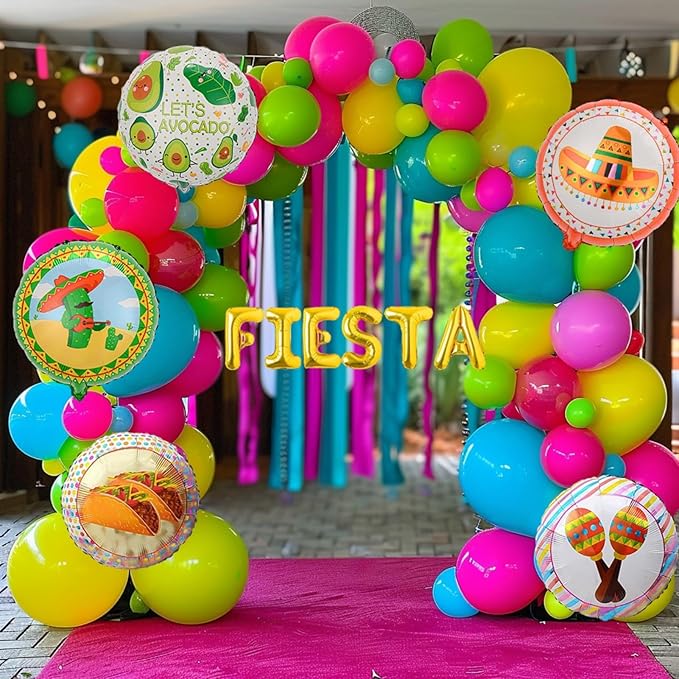 Cinco de Mayo Fiesta Balloon Garland Arch Kit, 160Pcs Rainbow Rose Red Pink Blue Yellow Green Blue Balloons for Mexican Fiesta Party Decorations