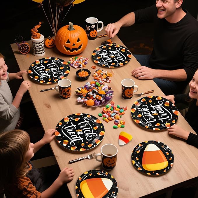 Grencian 96PCS Candy Theme Corns Halloween Party Supplies Set Orange Trick Treat Halloween Plates and Napkins Candy Theme Corns Disposable Tableware Set for Birthday Decorations