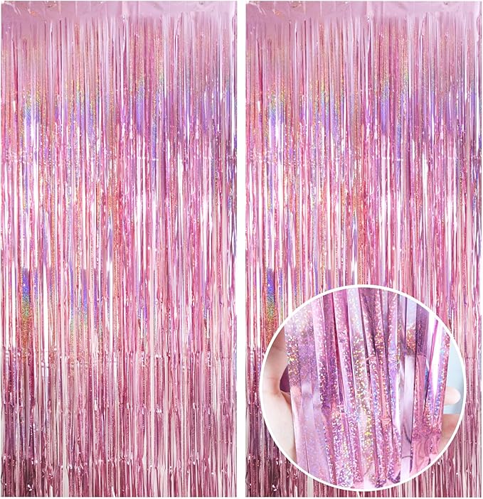 MYUPDALIN 2 Pack Pink Party Backdrop Decorations Tinsel Curtain Pink Princess Bachelorette Theme Party Decorations