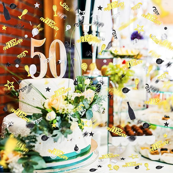 Skylety 3000 Pieces Happy Anniversary Confetti Party Decoration Scatter Confetti Metallic Foil Table Decorations for Anniversary Party DIY Arts Crafting Supplies(Gold, Silver, Black)