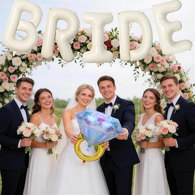 40inch Cream Bride Balloons Bachelorette, Bride To Be Bridal Shower Balloon Diamond Ring Champagne Glass Foil Balloons for Bachelorette Bridal Shower Engagement Wedding Hen Night Room Party Decoration
