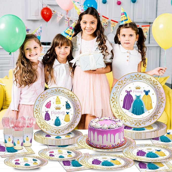 168pcs Princess Birthday Party Decorations Princess Plates Napkins Girls Paper Cups Party Supplies Disposable Tableware Set for Kids Girls Birthday Decor 24 Guests