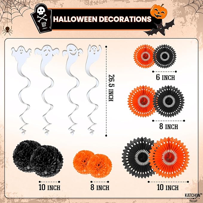 KatchOn, Hanging Halloween Decorations Set - Pack of 17 | Glittery Happy Halloween Banner, Garlands, Ghost Hanging Swirls, Orange Pumpkin, Paper Fan, Spooky | Halloween Decor Hanging Swirls
