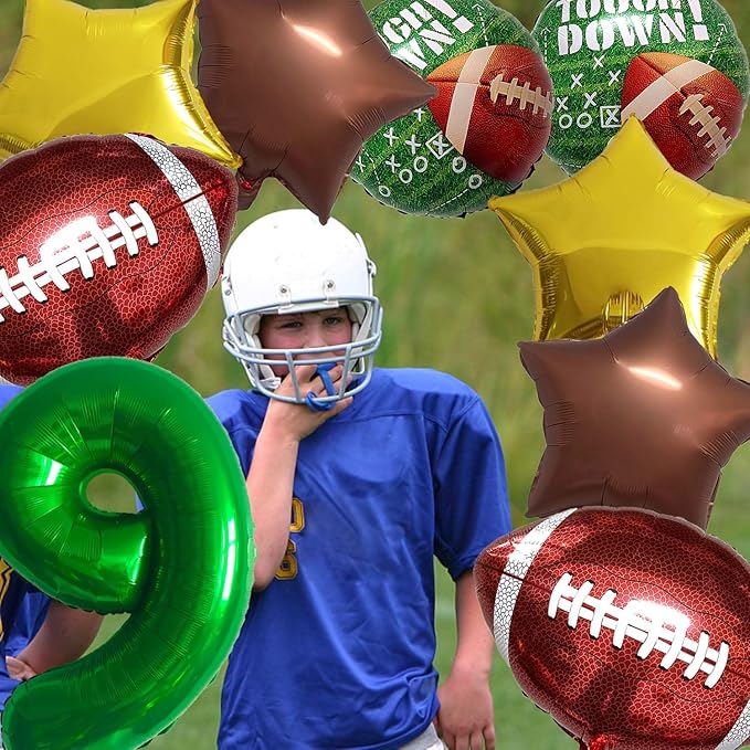 Football Balloons Foil Football Birthday Decorations Balloons Green Number 9 Balloon Gold Brown Star Touchdown Ballons for Rugby Birthday Decorations Sports Ballons Arch Kits Party Balloon Sets 9pcs