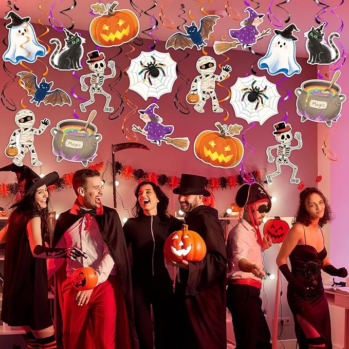 Halloween Hanging Swirls, 48Pcs Halloween Ceiling Hanging Decorations Ghost Pumpkin Witches Swirls Streamers for Indoor Outdoor Party Supplies