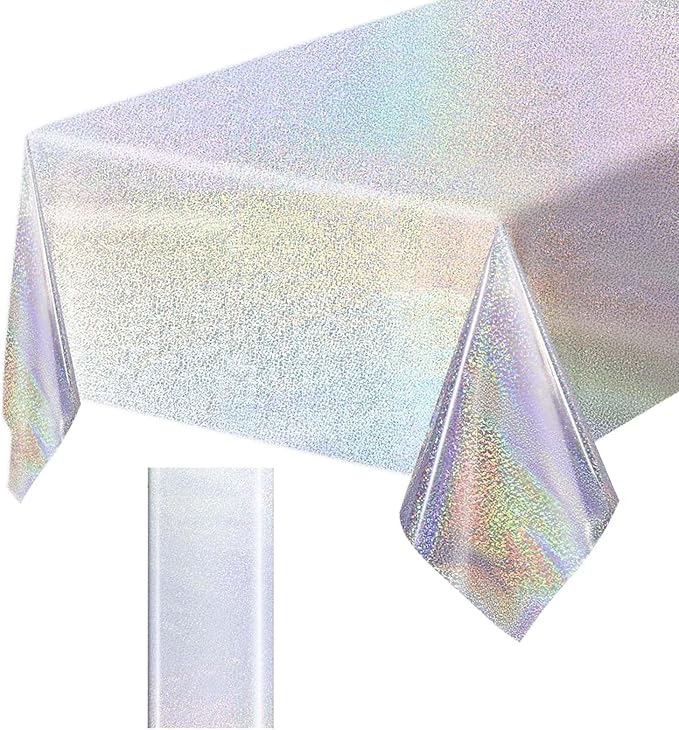 1 Pack Silver Iridescent Plastic Tablecloth Disposable 54 × 108 Inch Glitter Holographic Foil Table Cloth Plastic Laser Rectangle Table Cover for Birthday Wedding Disco Party