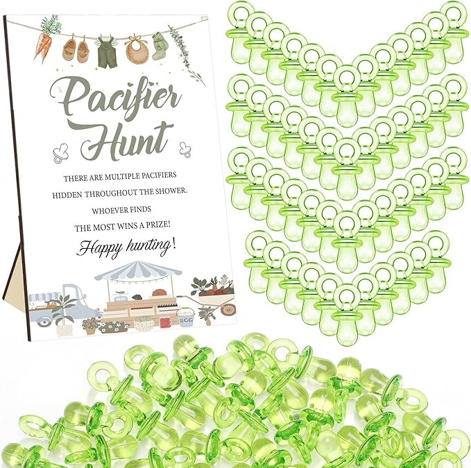Thyle 51 Pcs locally grown Pacifier Hunt Baby Shower Games Include Hunt Sign and 50 Acrylic Pacifiers for farm themed Baby Shower Game Decoration Sets Gender Reveal newborn announcement Party Decor