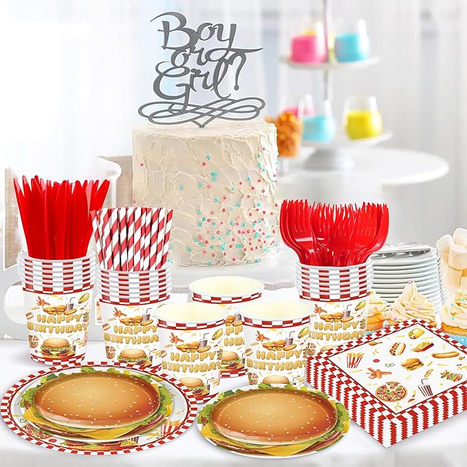 168PCS Hamburger Party Supplies for Kids Fast Food Themed Happy Birthday Party Decorations BBQ Picnic Paper Plates Napkin Cups Forks Knives Straw Tableware for 24 Guests