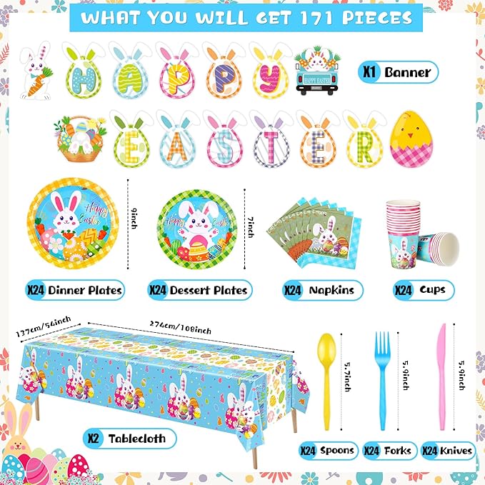 171 Pcs Happy Easter Party Supplies Disposable Easter Tableware Set with Bunny Colorful Eggs Plates Napkins Cups Banner Plastic Tablecloths for Easter Spring Holiday Party Decoration Serve 24
